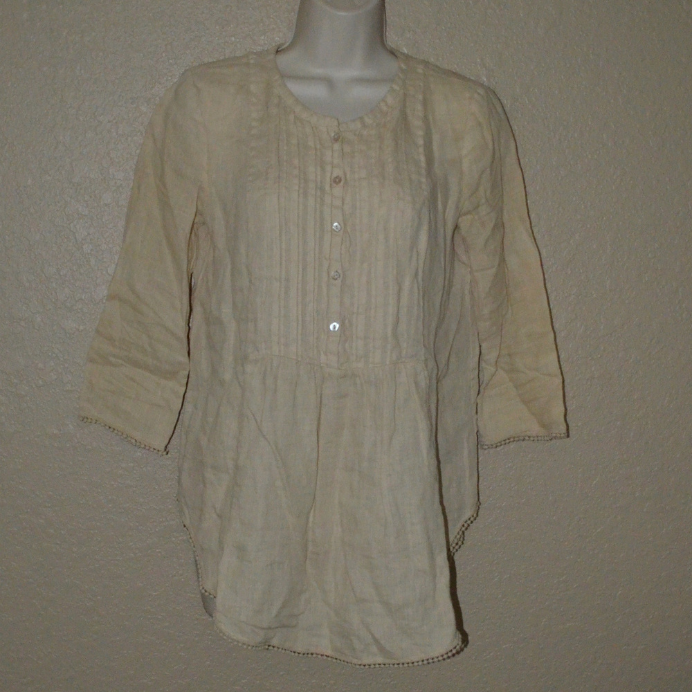 XS Calypso St Barth Beige Linen 3/4 Sleeve Blouse